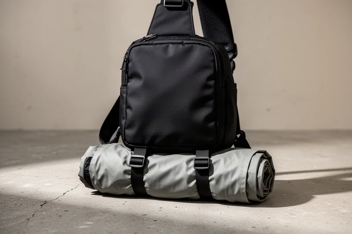 Versteckte Bodengurte an einer Sling Bag, die eine zusammengerollte Regenjacke halten