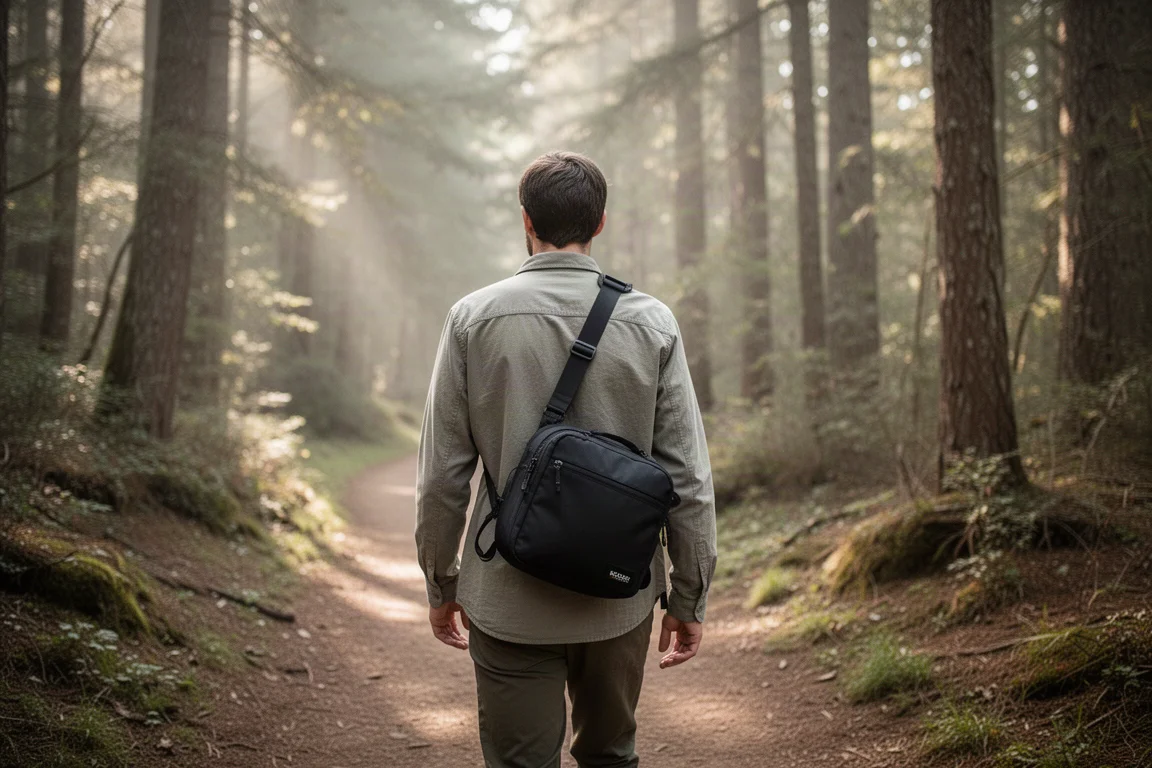 Wanderer mit einsträngiger Sling Bag auf einem Waldpfad