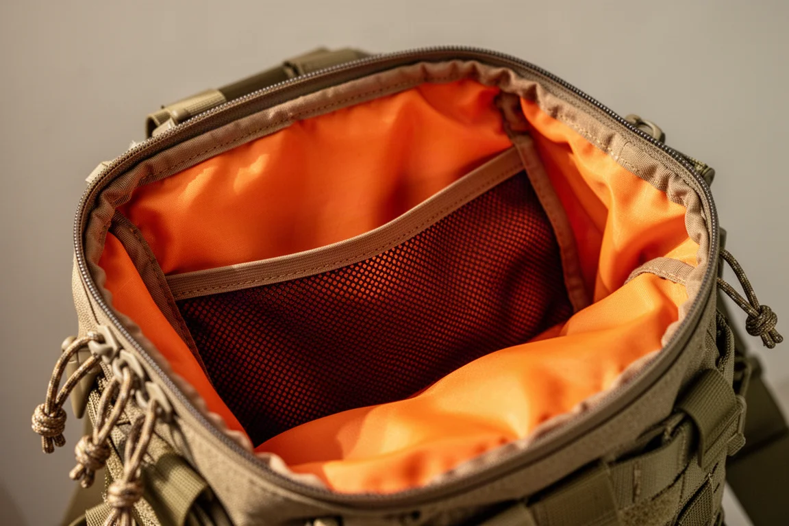 Geöffnete Sling Bag mit leuchtend orange Innenfutter und Netztasche