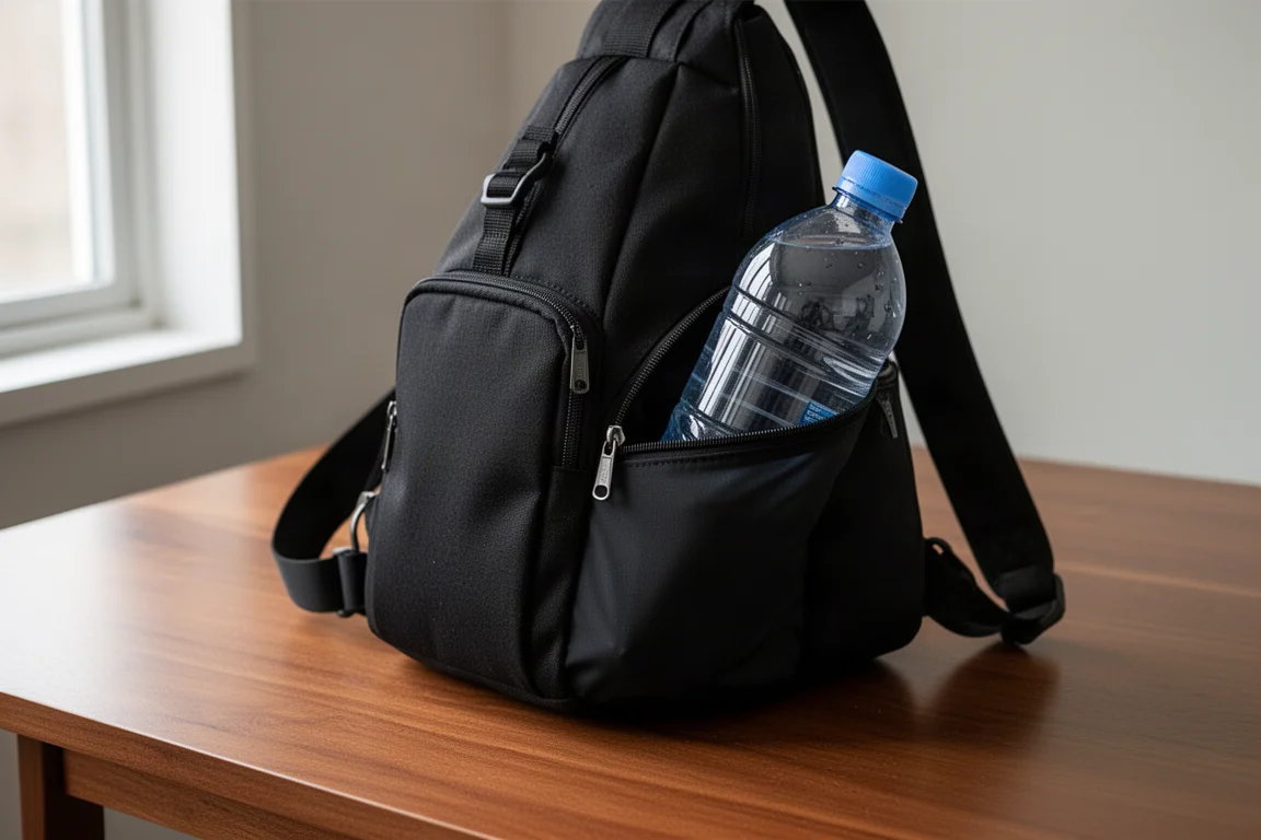 Wasserflasche gleitet in eine erweiterbare Seitentasche einer Sling Bag