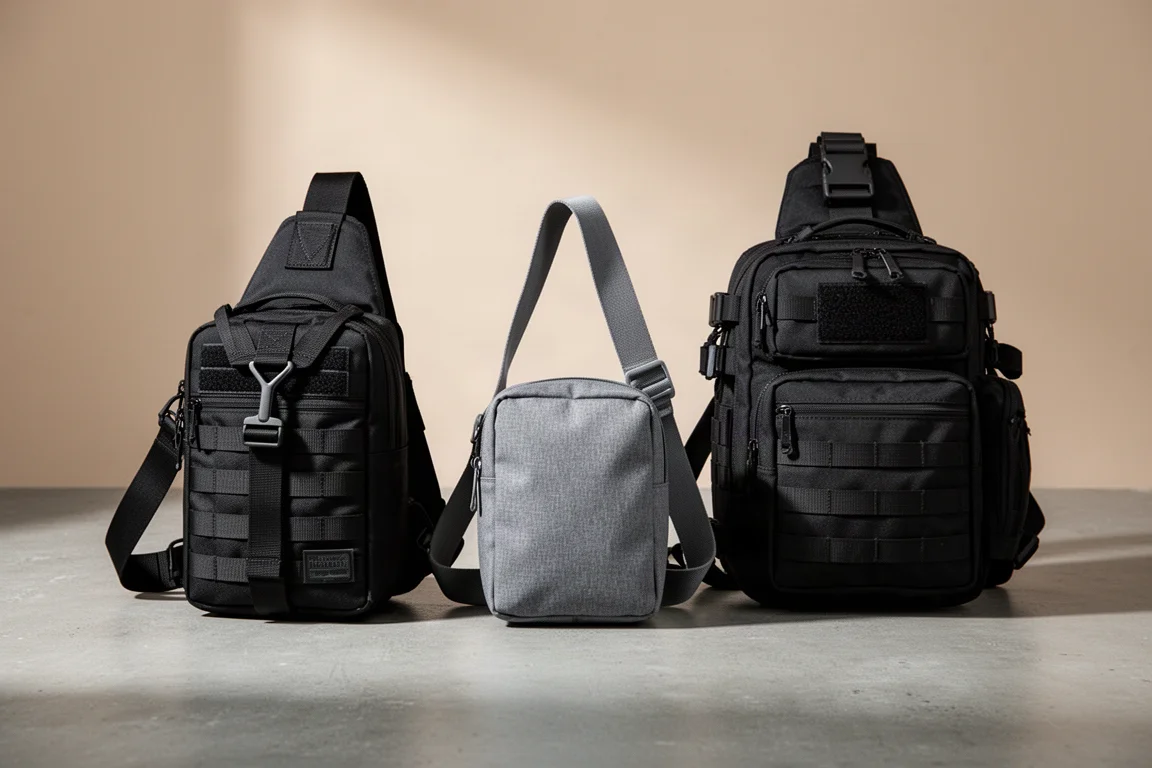 Drei Sling Bags unterschiedlicher Größe nebeneinander auf einer Betonfläche