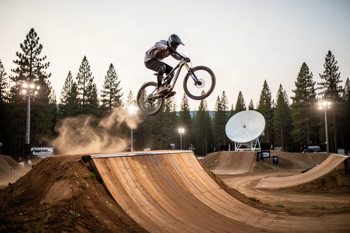 Circuito de slopestyle con un drop de escalera de madera, dirt jump y quarter pipe al atardecer