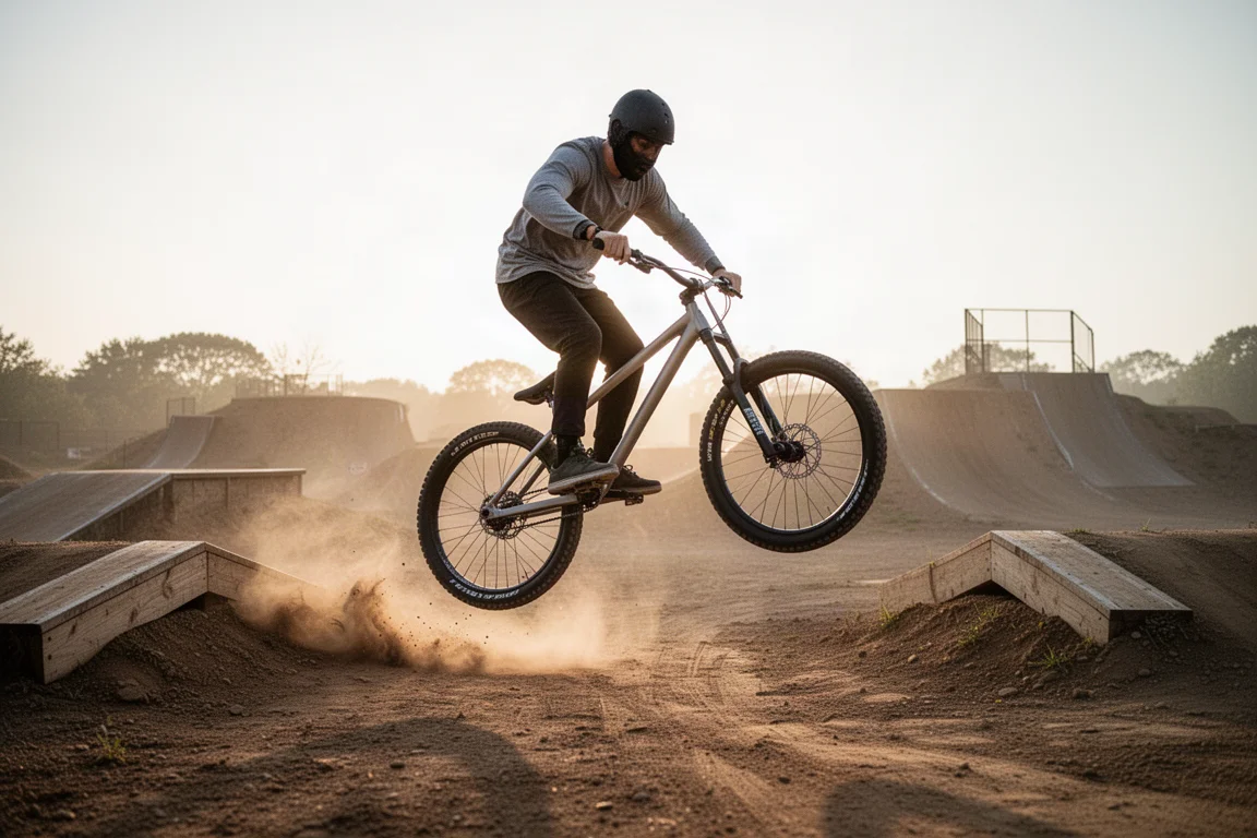 Primer plano del pedalier y el pivote de suspensión de una bici de slopestyle de una sola velocidad