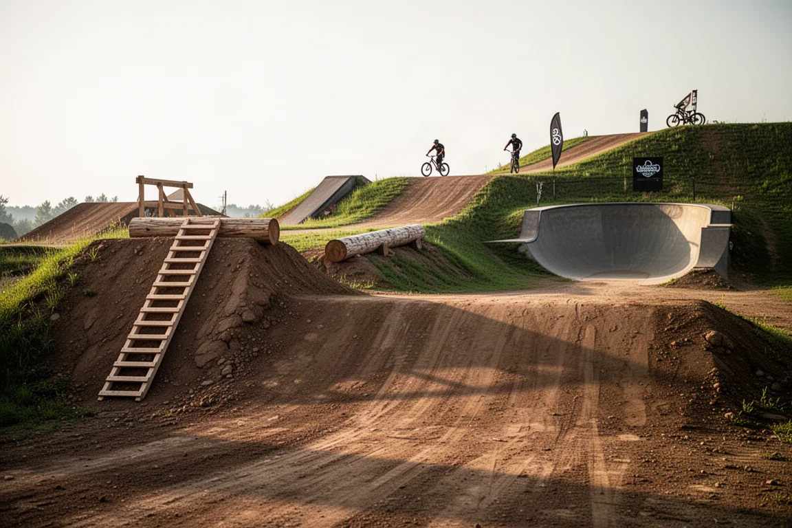 Bici de slopestyle hardtail trazando un peralte de tierra seca con polvo detrás de los neumáticos