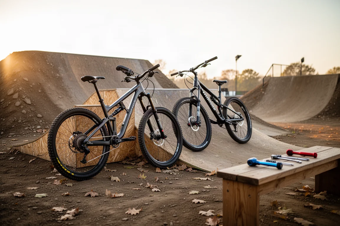 Bici de slopestyle de doble suspensión en el aire sobre un gran dirt jump al atardecer
