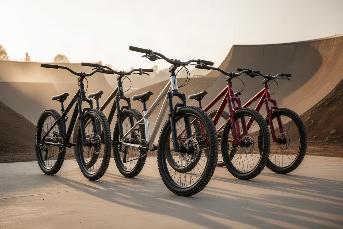 Drie compacte slopestyle-mountainbikes op een rij op een matte betonnen vloer