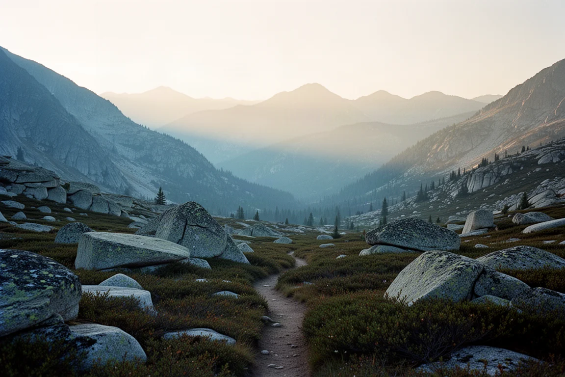Valle di montagna all'alba con un sentiero appena visibile che serpeggia tra affioramenti di granito