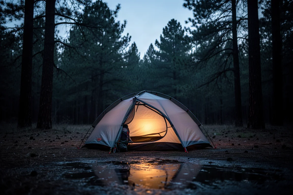 Piccola tenda da backpacking illuminata dall'interno al crepuscolo in una radura del bosco