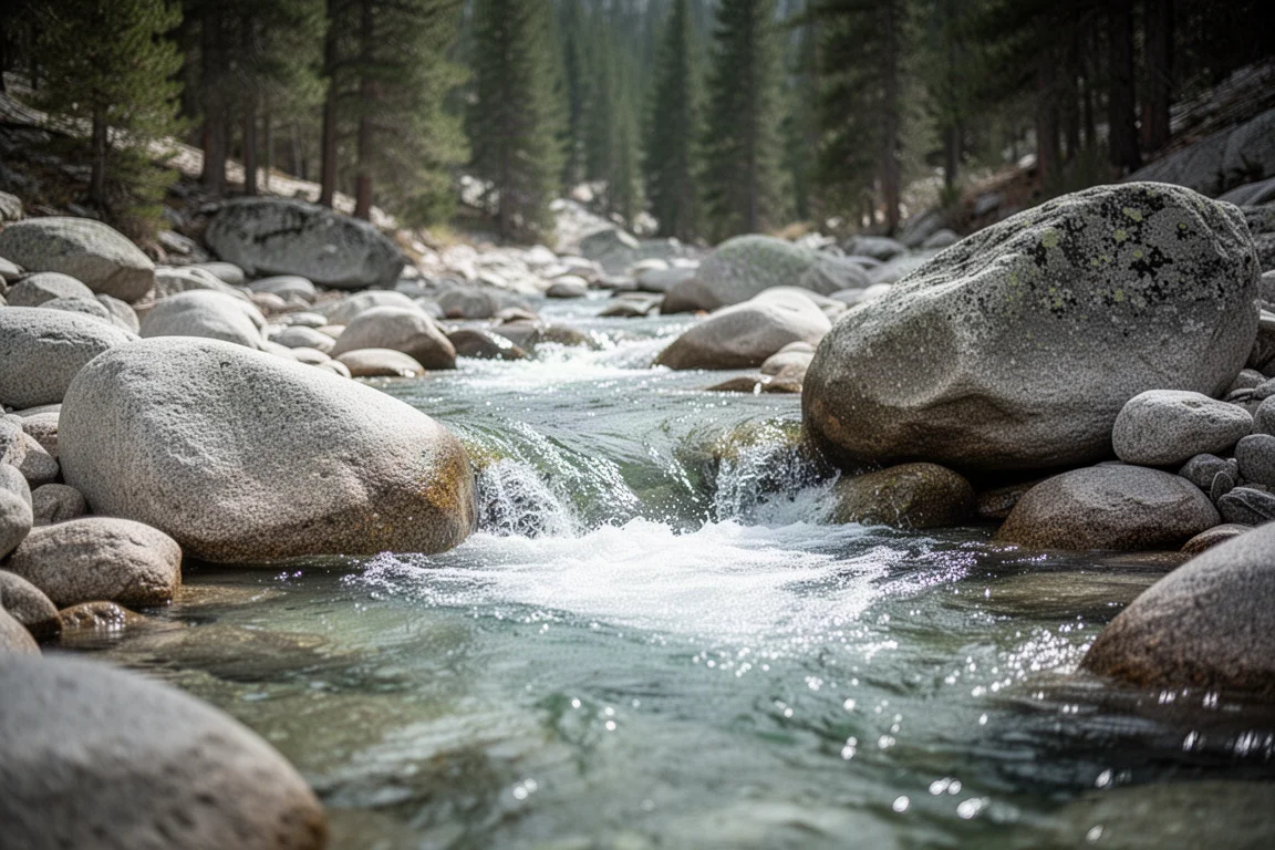 Ruscello di montagna limpido che scorre su massi di granito con una pineta sullo sfondo