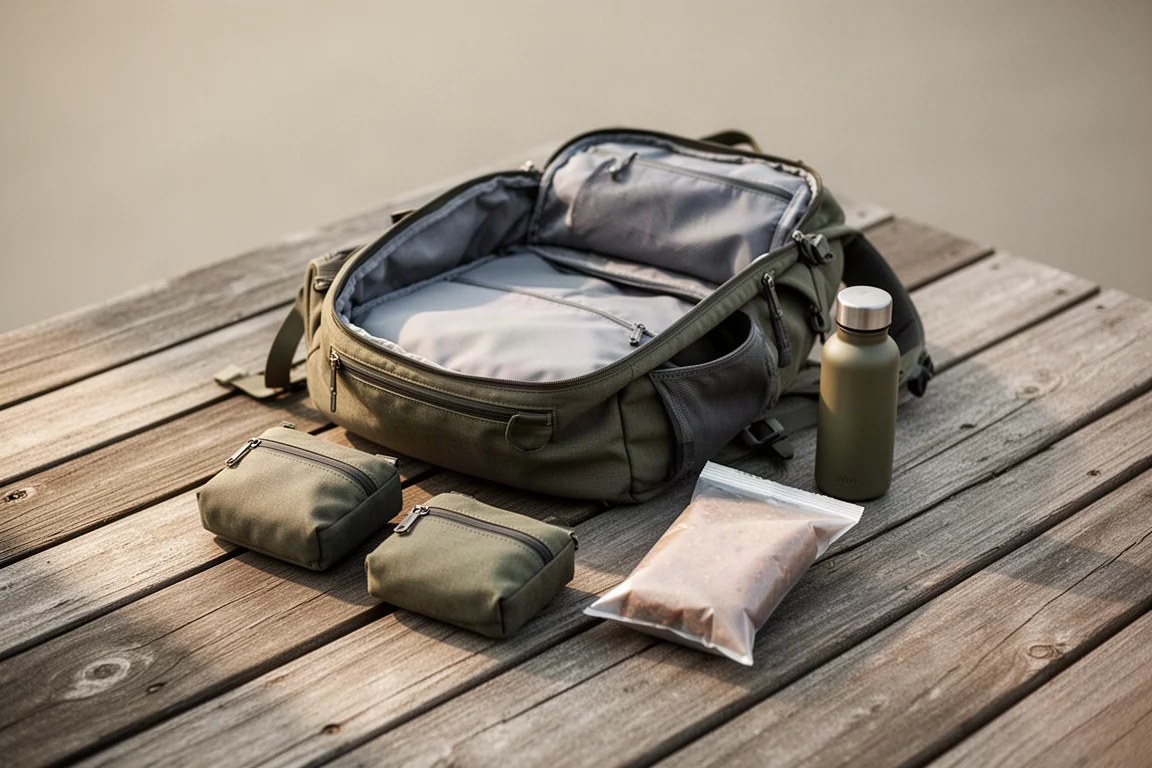 Zaino aperto su una pedana di legno circondato da piccole pouch e da una food bag