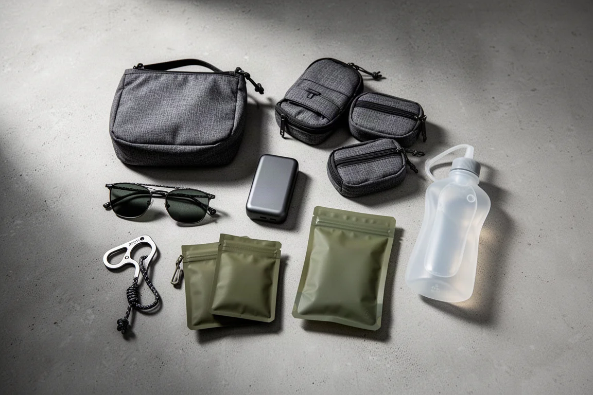 Flat-lay of small backpacking accessories on a grey concrete surface