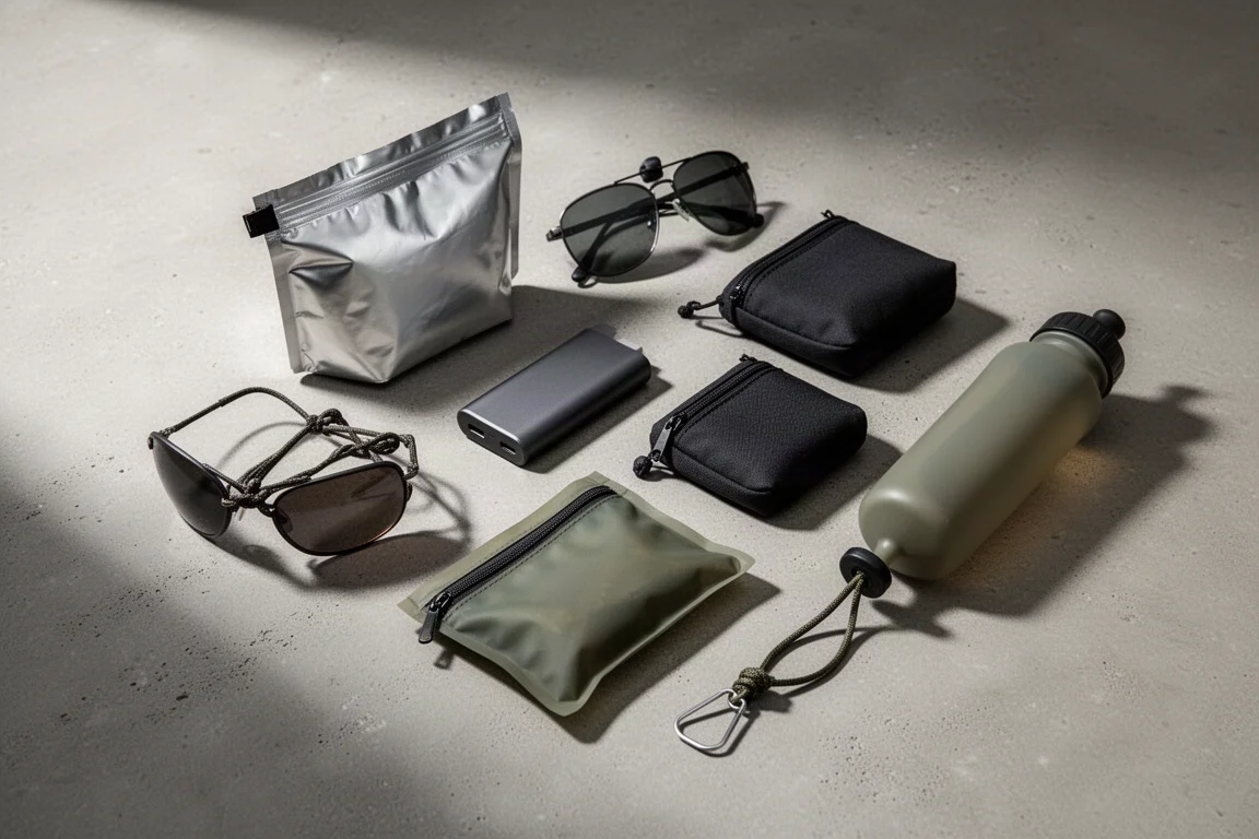 Small backpacking essentials arranged on a concrete surface for an editorial gear roundup