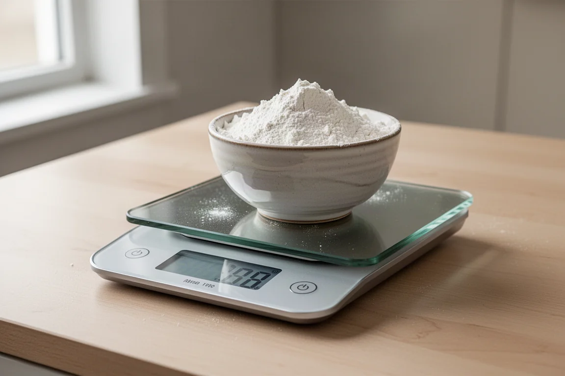 Digital kitchen scale weighing a small bowl of flour on a bright kitchen counter