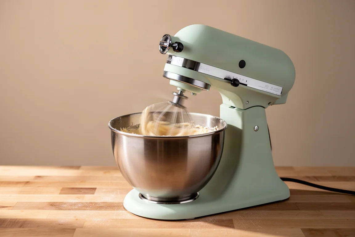Small stand mixer whipping batter in a compact metal bowl on a kitchen counter