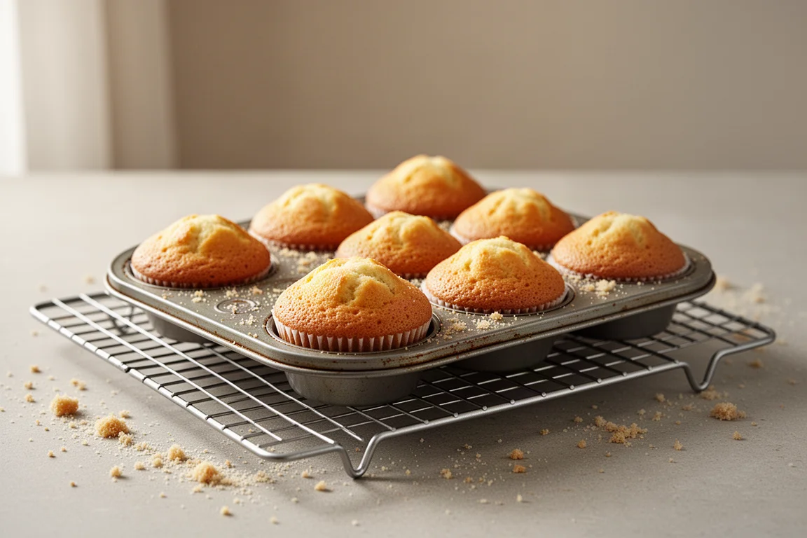 Small muffin tin with a few freshly baked muffins cooling on a wire rack