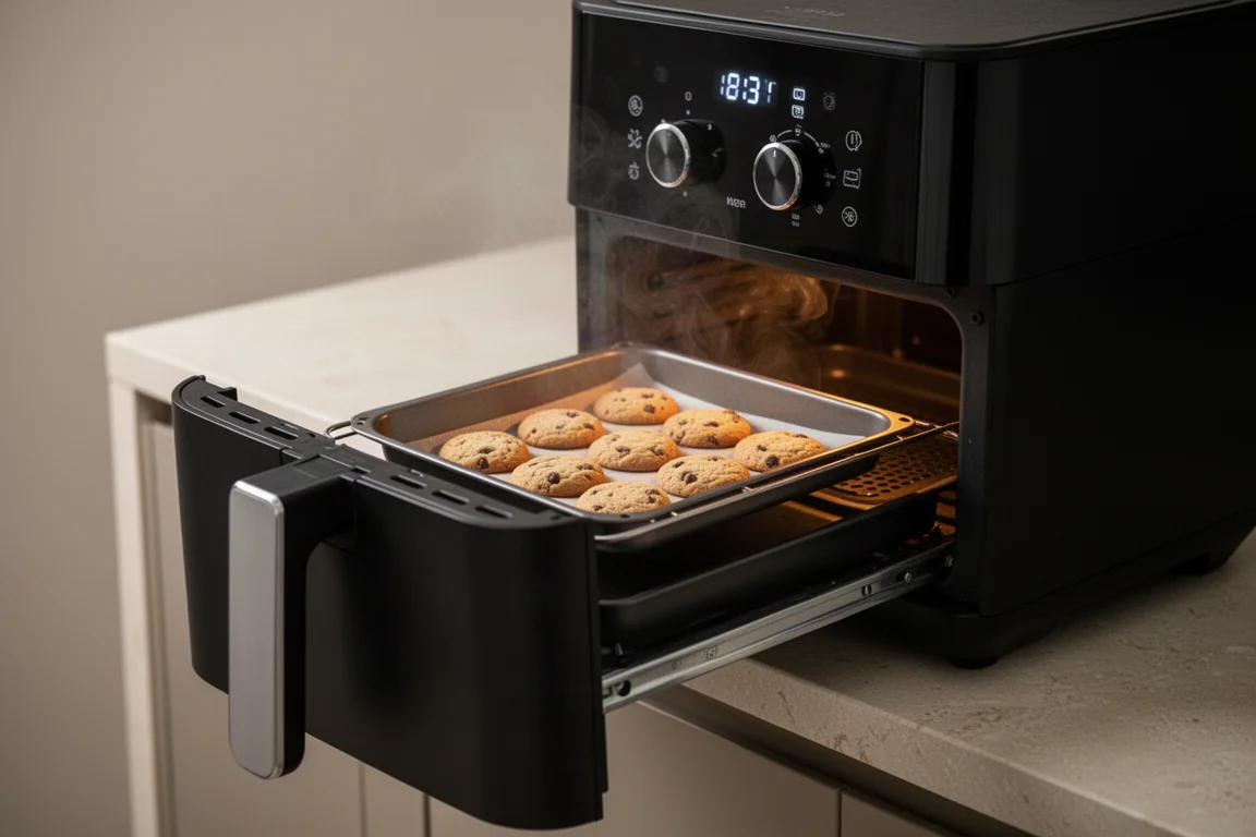 Air fryer drawer open with a batch of small cookies baking inside