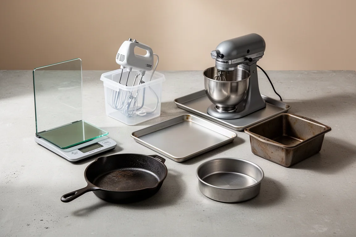 Collection of small-batch baking gear including scale, mixers, pans, and skillet on concrete surface