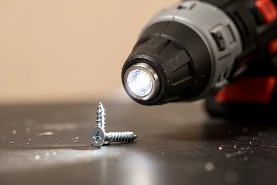 Detail van het voorste LED-licht van een compacte schroevendraaier dat de schroefkop belicht