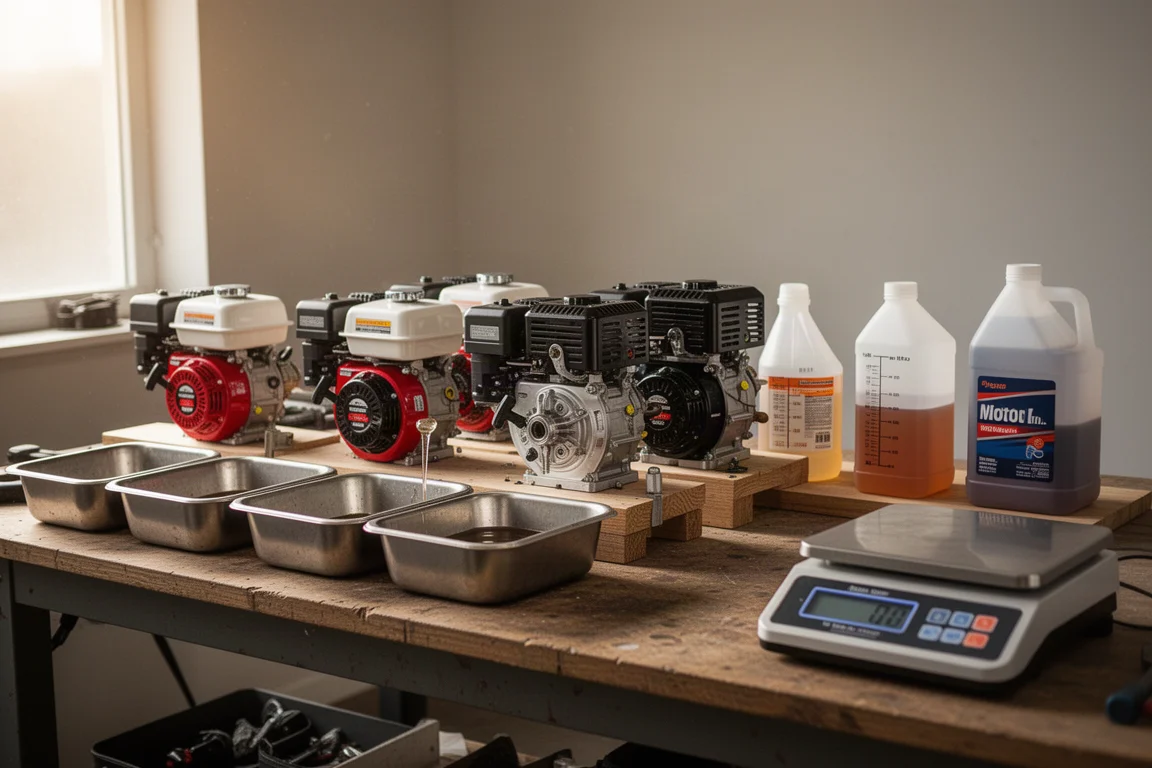 Rij kleine benzinemotoren op een werkbank, klaargemaakt voor de test