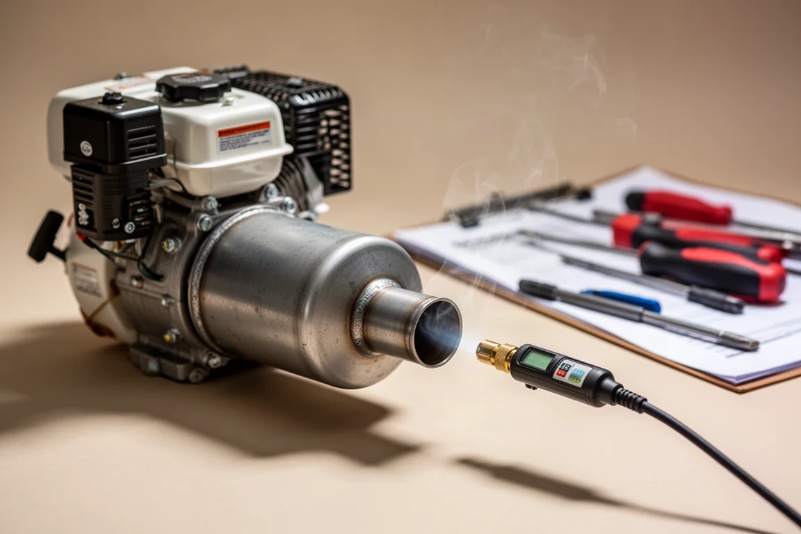 Uitlaatgasmeetsonde van een kleine motor bij een demper tijdens een emissietest
