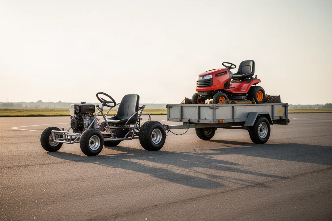 Kart die een beladen aanhanger voorttrekt over een vlak testterrein