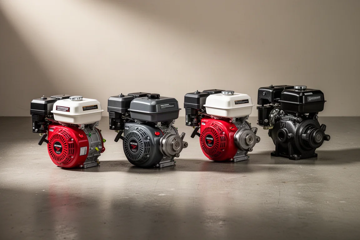 Four small gasoline engines lined up on a concrete floor for comparison