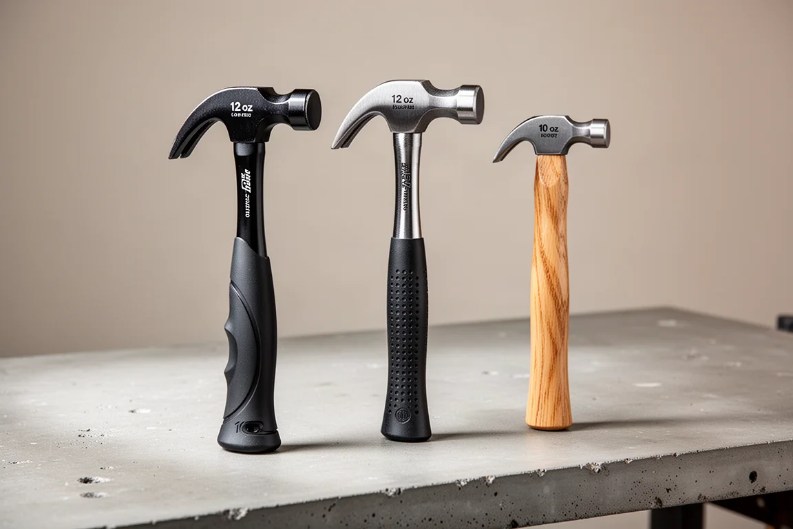 Three compact hammers side by side on a concrete workbench