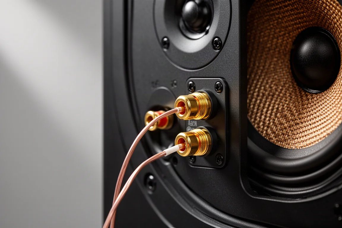 Primer plano de terminales de altavoz y cono de woofer tejido en un altavoz compacto