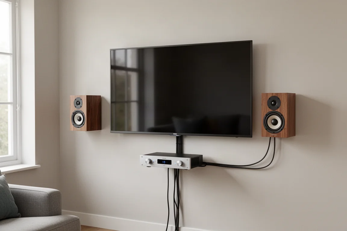 Amplificador y altavoz pequeño en una configuración compacta de esquina para televisión