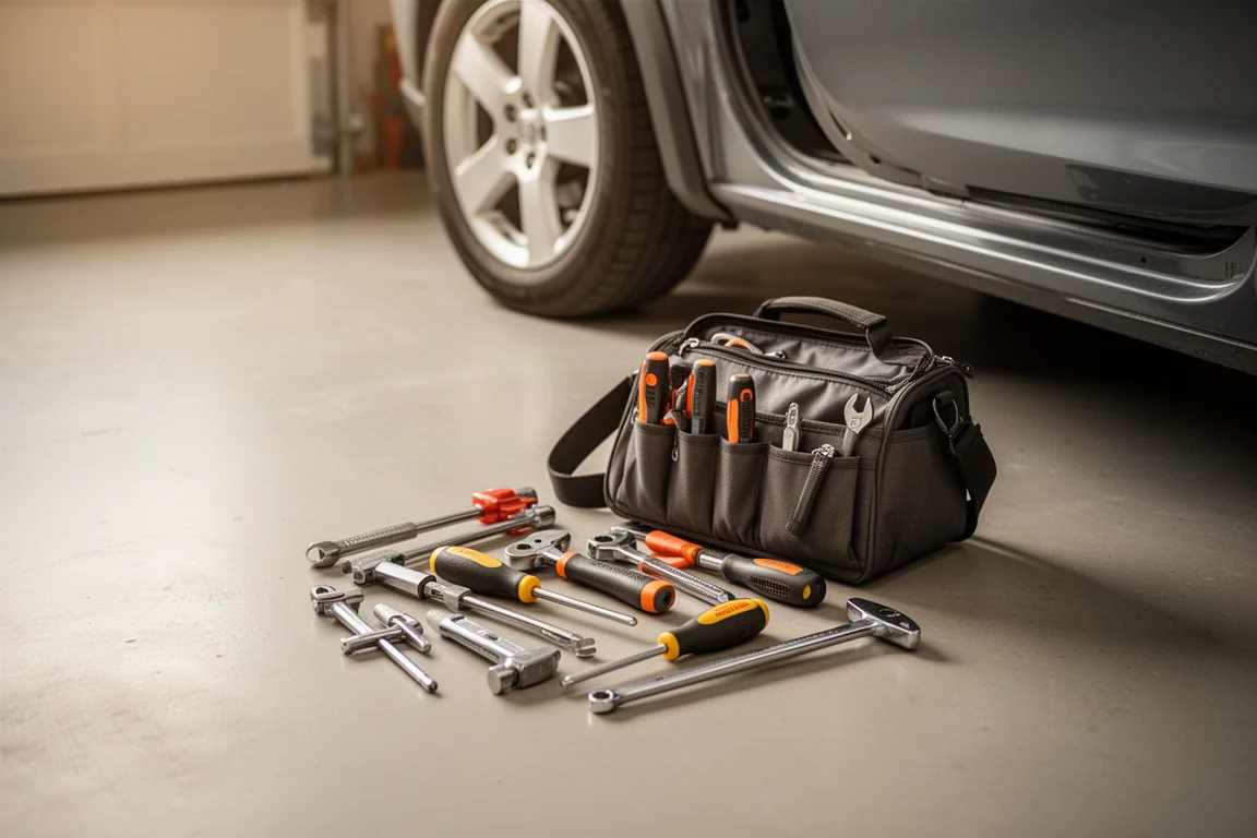 Kleines Werkzeug-Set auf einem Garageboden neben einem Auto ausgelegt