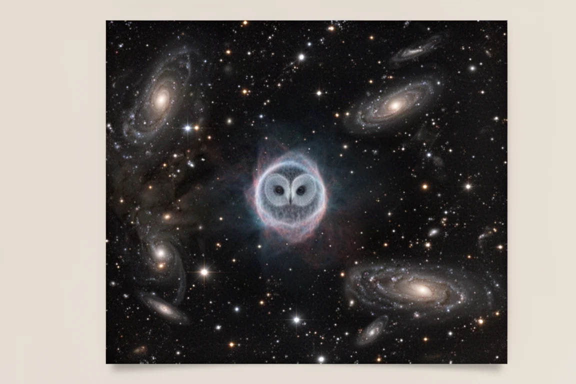 由望遠鏡資料後製而成的貓頭鷹星雲區域星場比較圖