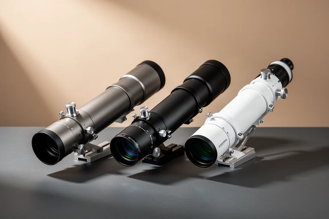Four compact refractor telescopes lined up on a dark grey studio surface