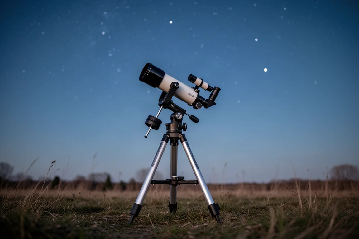 Kompakte äquatoriale Montierung mit kleinem Refraktor unter dunklem Himmel aufgebaut