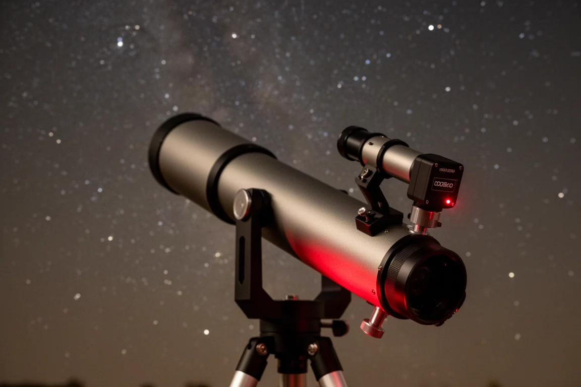Astrofotografie-Setup mit kompaktem Refraktor, der nachts ein Sternfeld abbildet