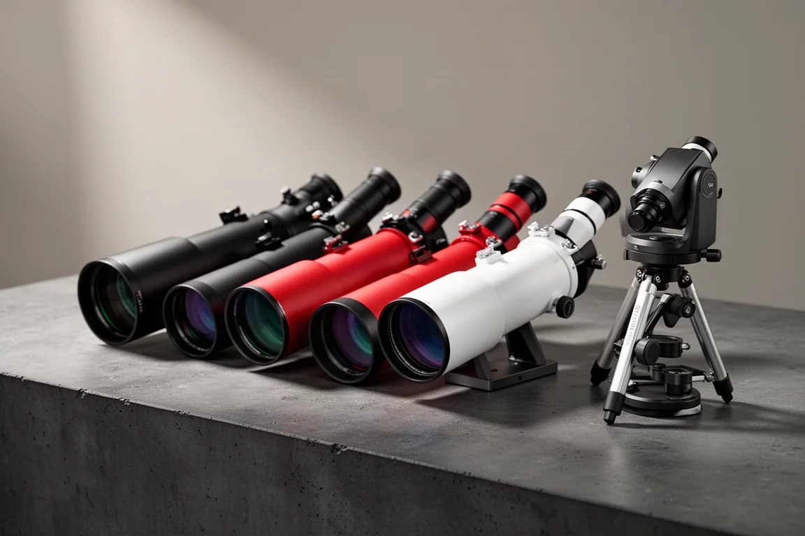 A row of small apochromatic refractor telescopes beside a compact equatorial mount