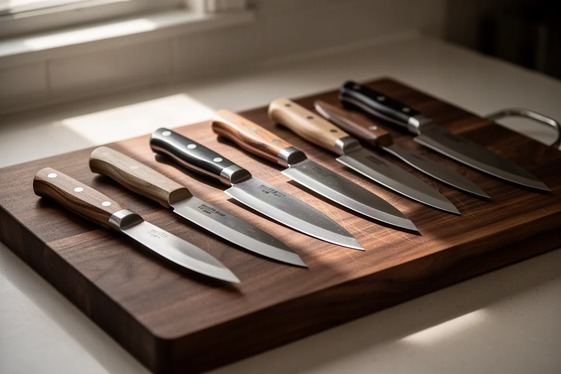 Handmade chef knives laid out on a dark kitchen counter with cutting board