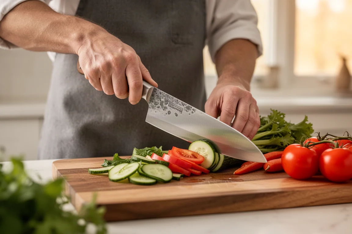 Cook slicing vegetables with a handmade knife in a home kitchen