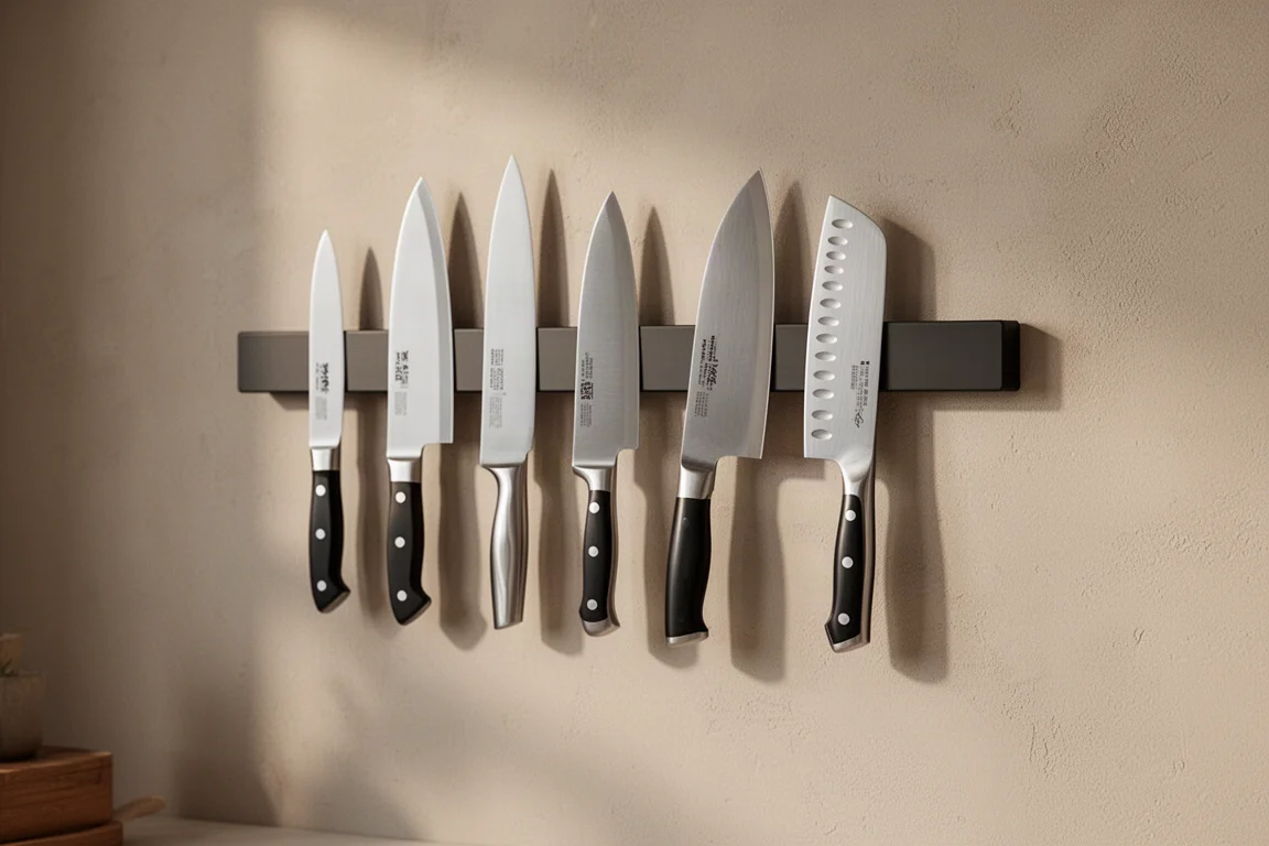 Knives stored on a magnetic wall strip in a home kitchen