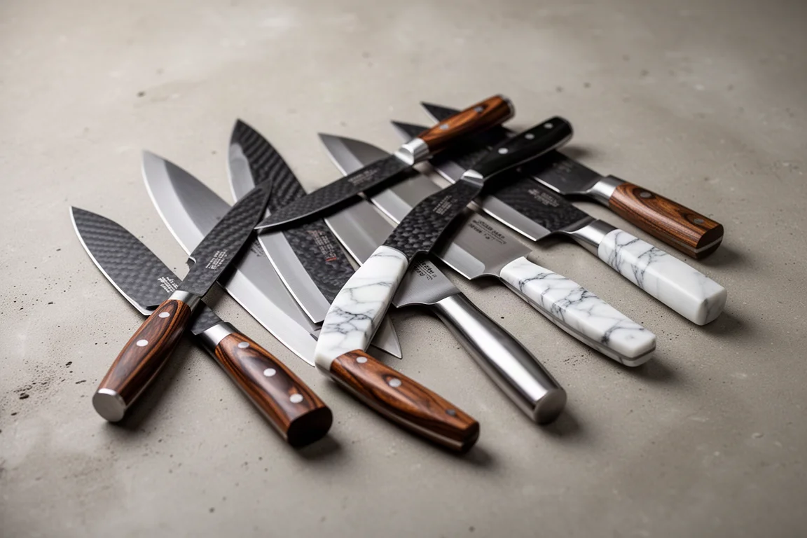 A collection of handmade chef knives arranged on a concrete surface