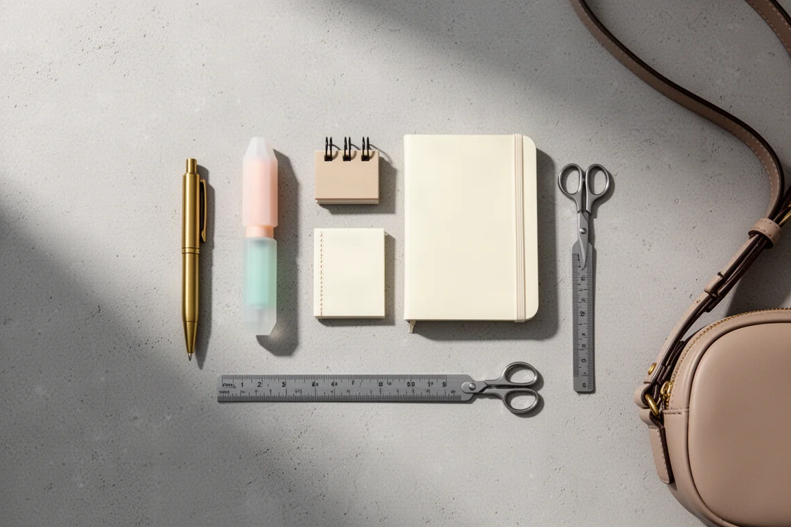 Flat-lay of small stationery including pens, a mini notebook, tiny scissors, a slim ruler, and a compact bag