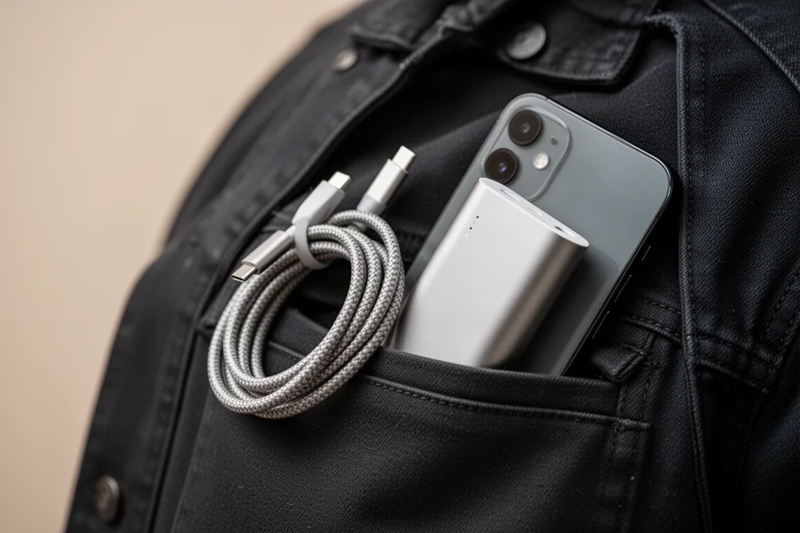 Kompaktowy power bank i krótki kabel USB-C leżące w kieszeni kurtki