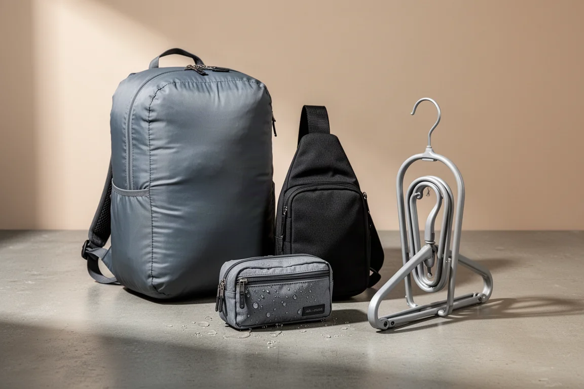 Travel backpack, sling bag, zip pouch, and collapsible hanger arranged on a concrete surface