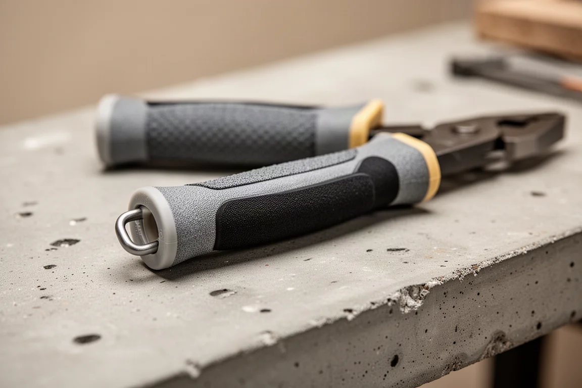 Close-up of insulated plier handles with tether points on a workbench