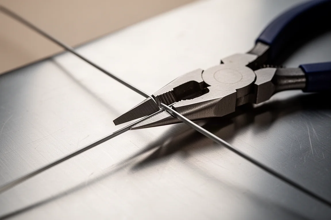 Pliers cutting through a wire tie with one hand on a steel surface