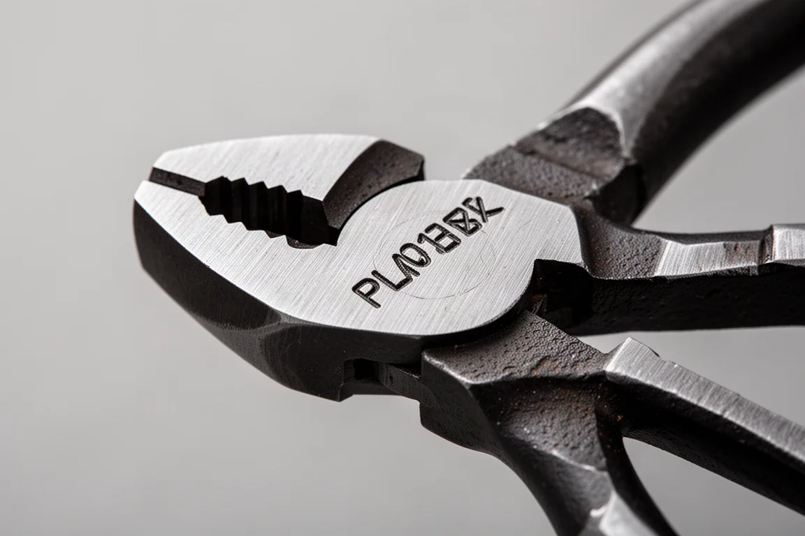 German-made plier head with stamped markings viewed up close