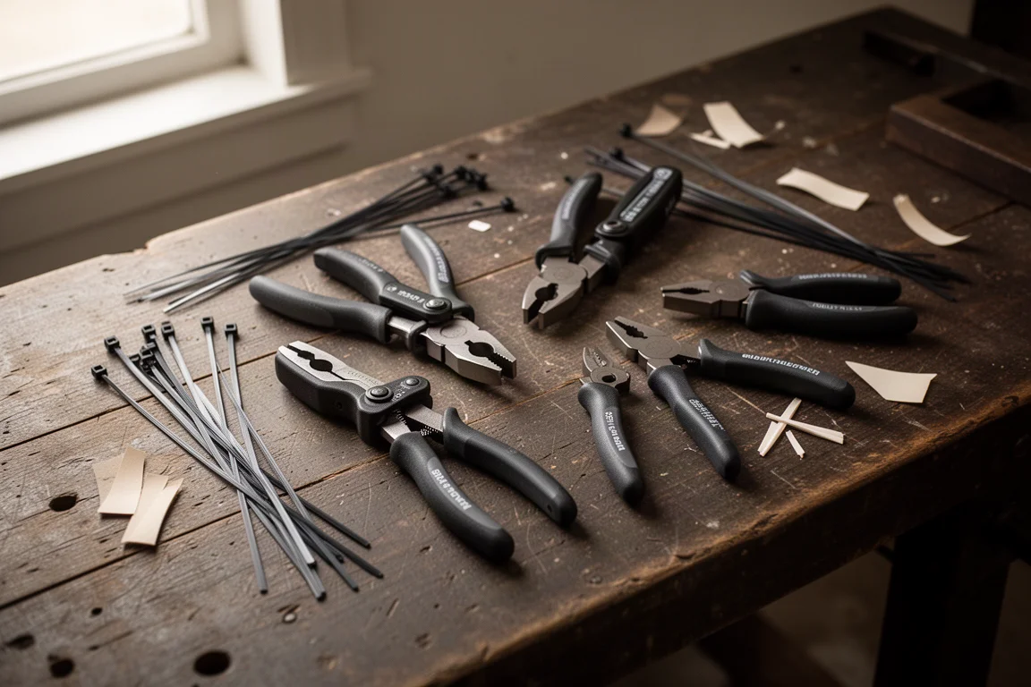 Collection of compact insulated pliers laid out on a workshop bench