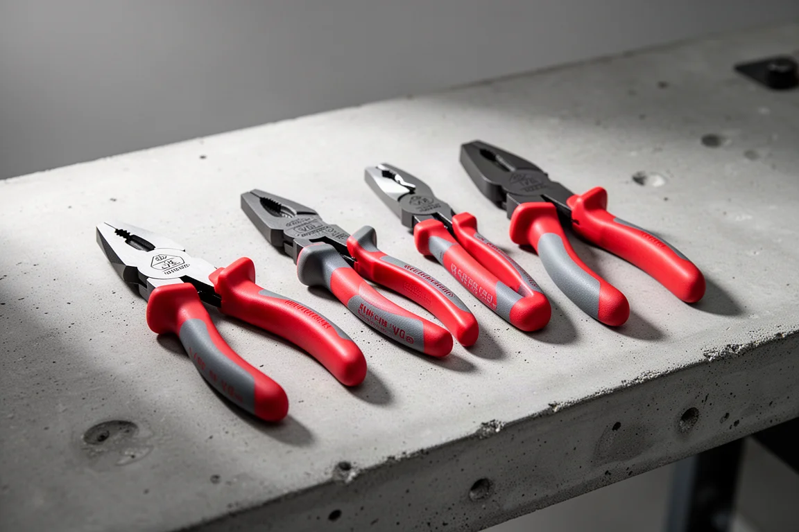 Four small insulated multiplier pliers arranged on a concrete workbench