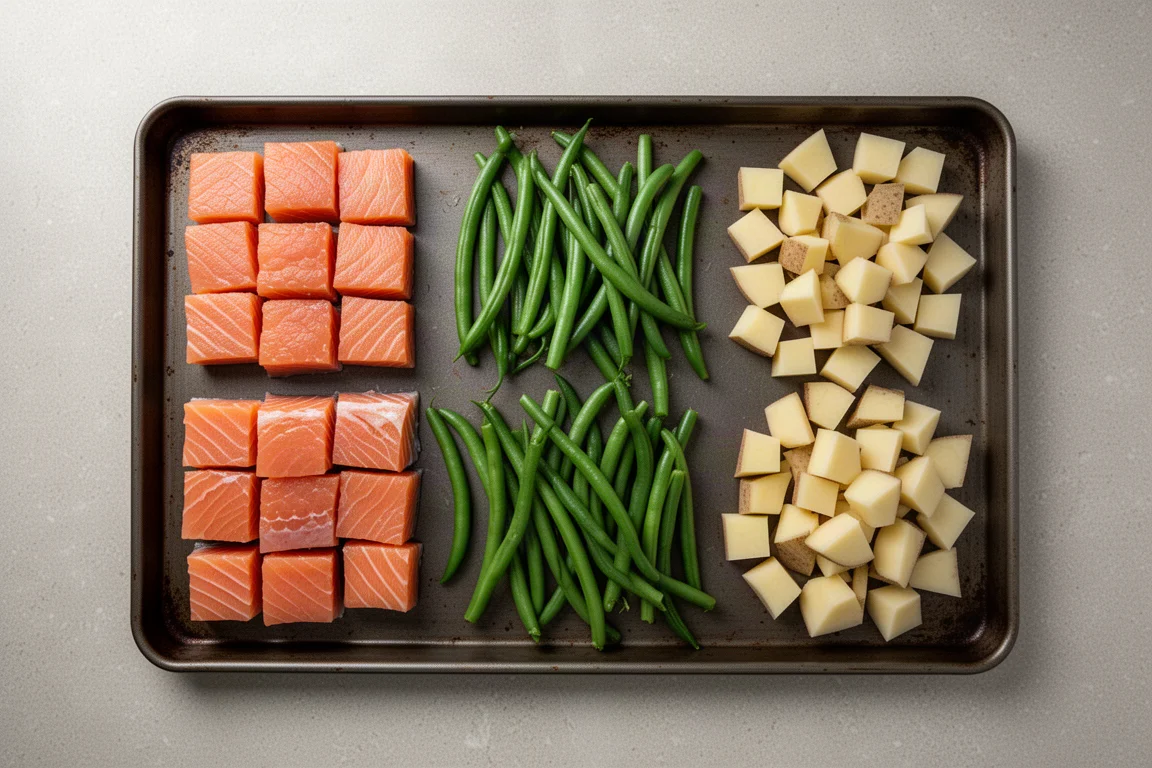 Jämnt skuren lax, gröna bönor och potatis arrangerade i separata zoner på en bakplåt