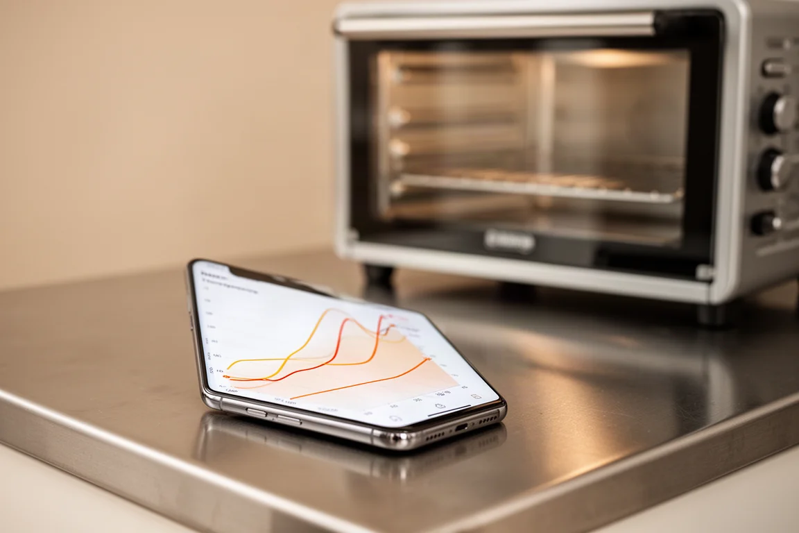 Smartphone som visar ett temperaturdiagram bredvid en bänkugn med stort glasfönster