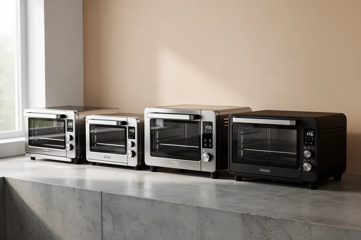 Five smart countertop ovens lined up on a concrete kitchen counter